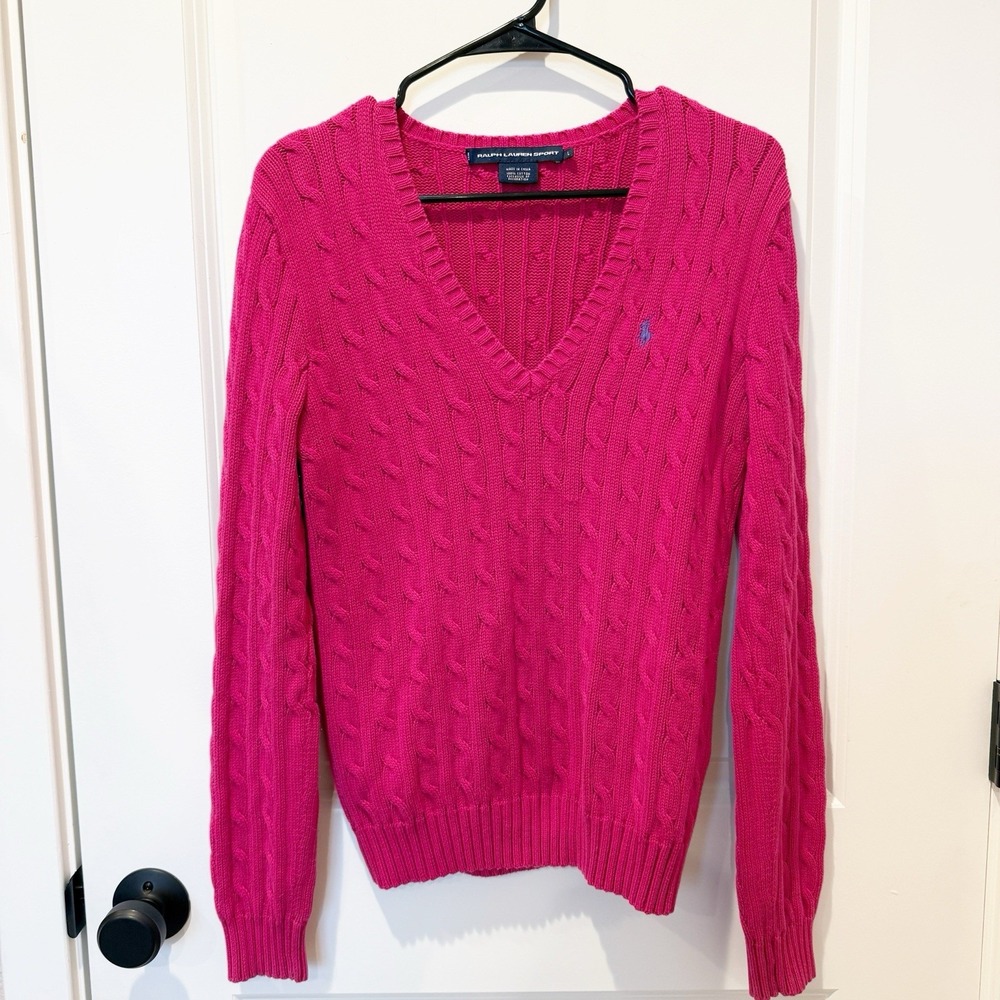 Ralph Lauren Sport Pink Cable Knit Sweater L Preppy Heritage Old Money V Neck